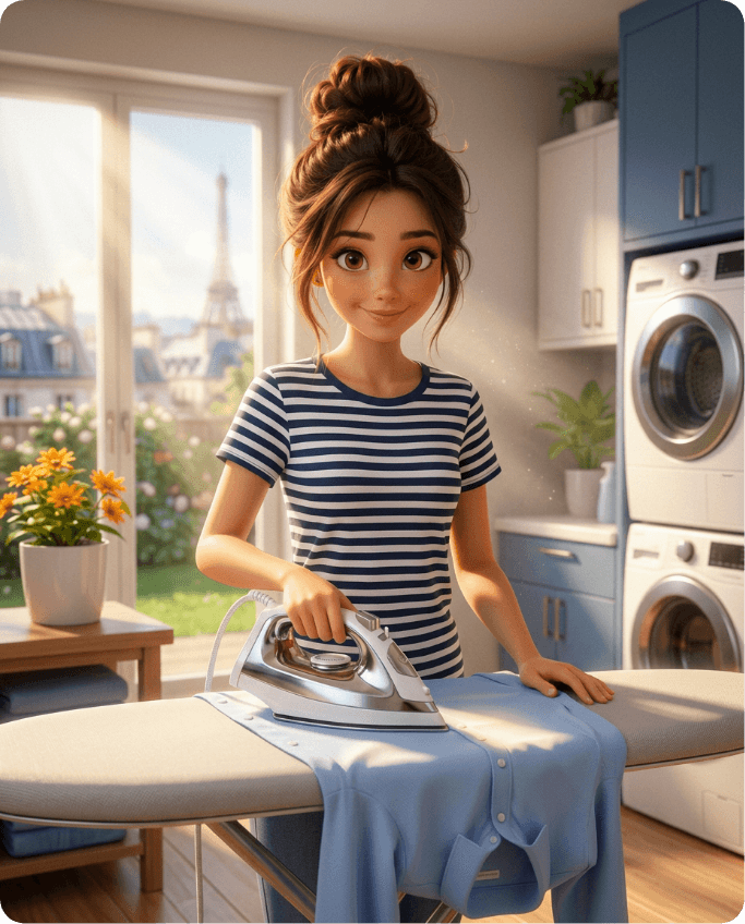 Une prestataire EaseUP repasse du linge